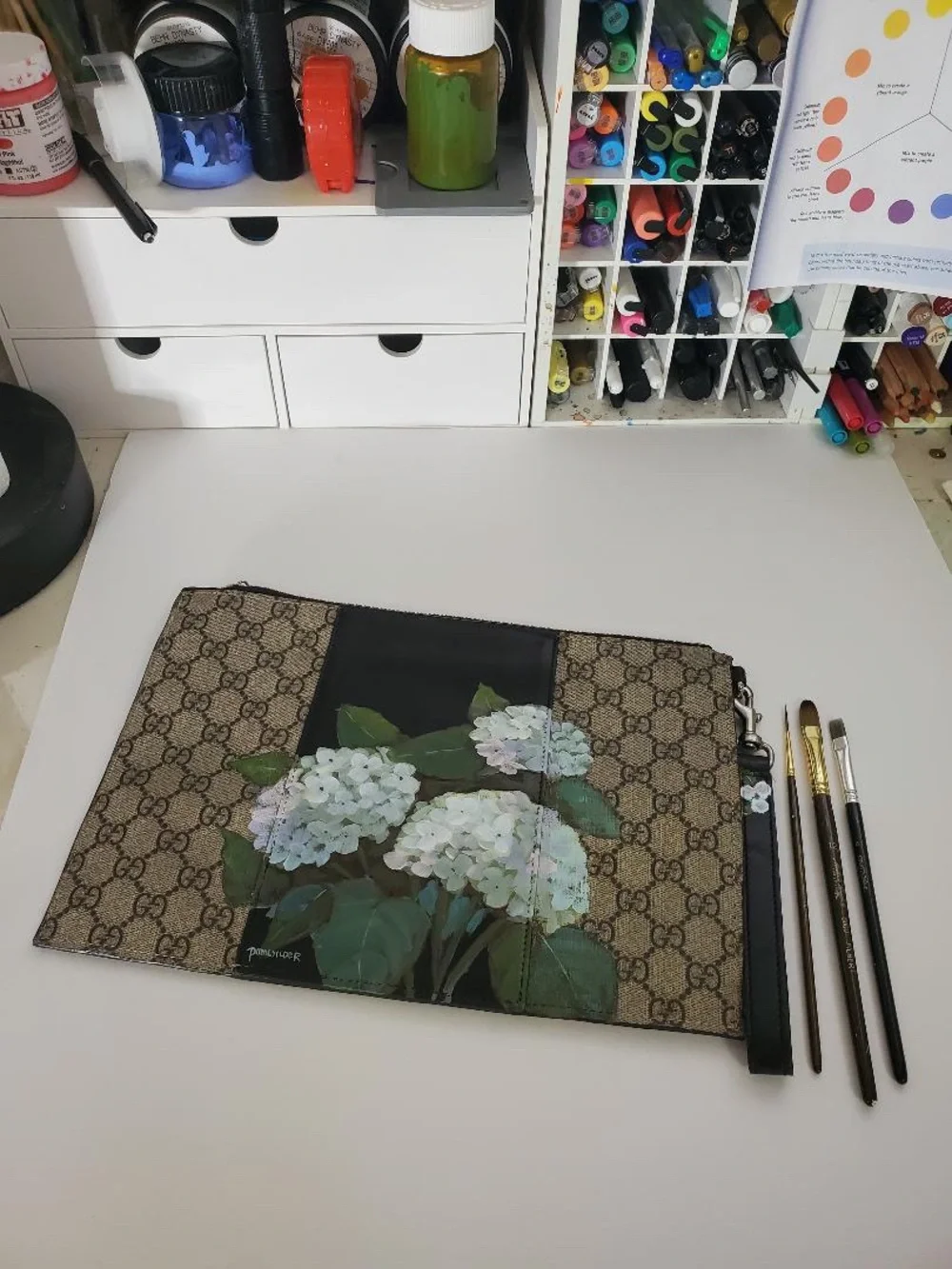 Gucci GG Canvas Clutch with Hand-Painted White Hydrangeas